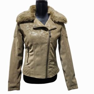 GUESS Khaki Vintage-style Distressed Moto Jacket (S)